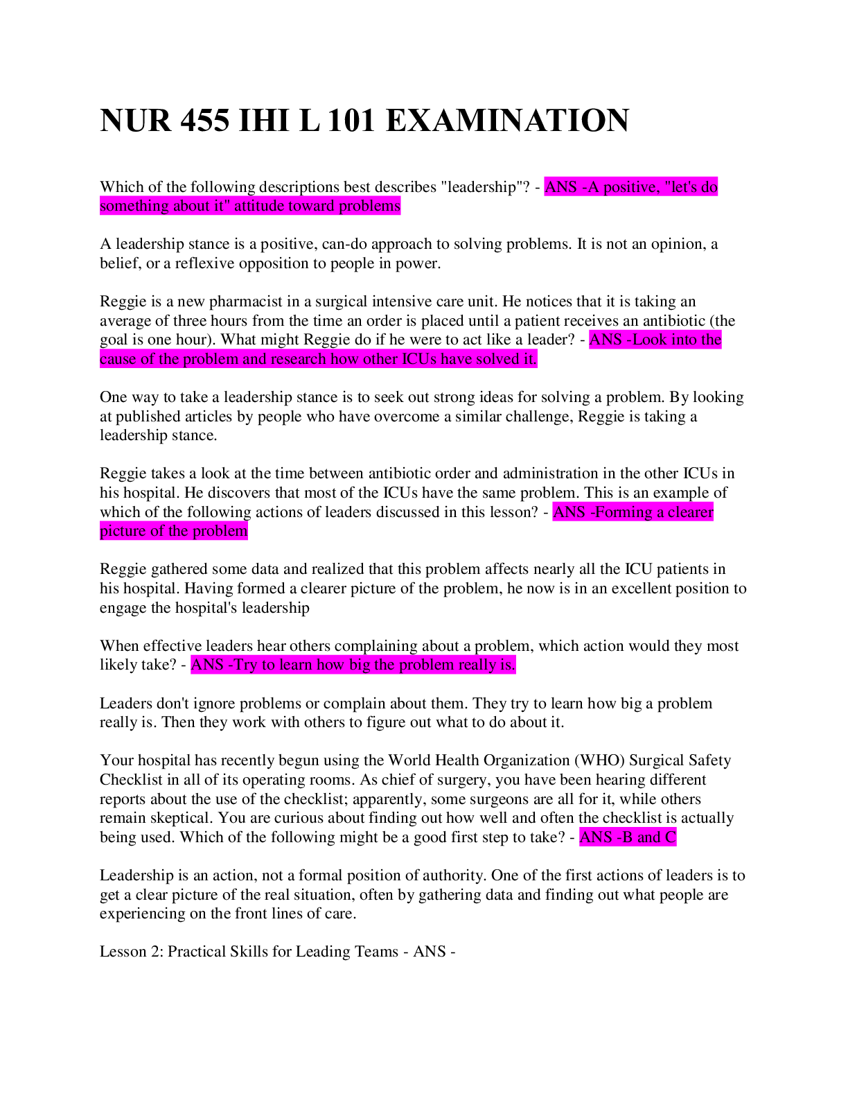 Preview image for NUR 455 IHI L 101 / QUESTIONS/ CORRECT ANSWERS